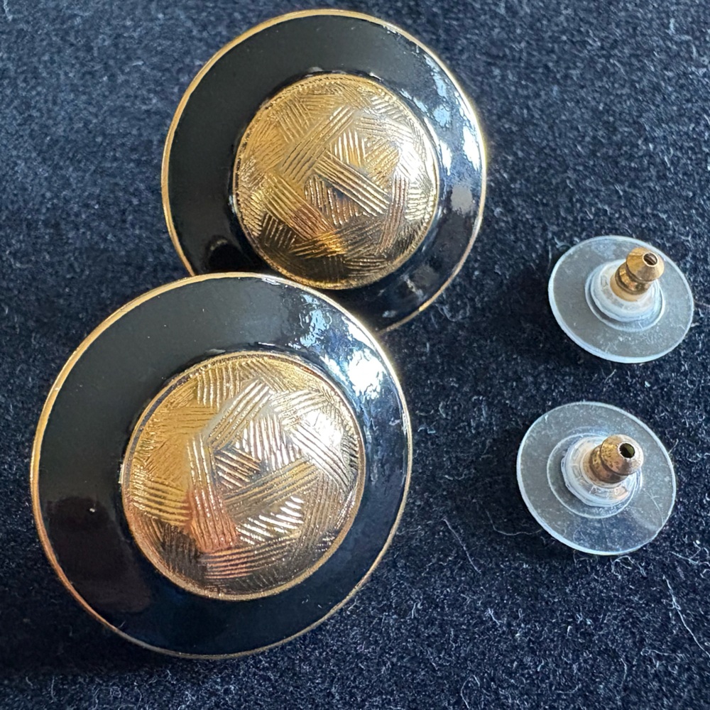 Monet Black Enamel and Gold Round Earrings